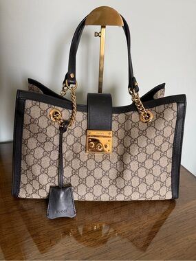 Gucci Beige GG Supreme Canvas Tote with Black Trim and Gold Hardware